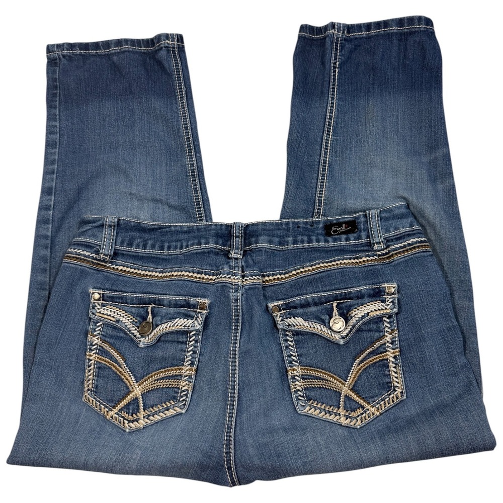 Earl Jeans Womens 10 Blue‎ Capri Cropped Denim Embroidered Flap Pocket Stretch